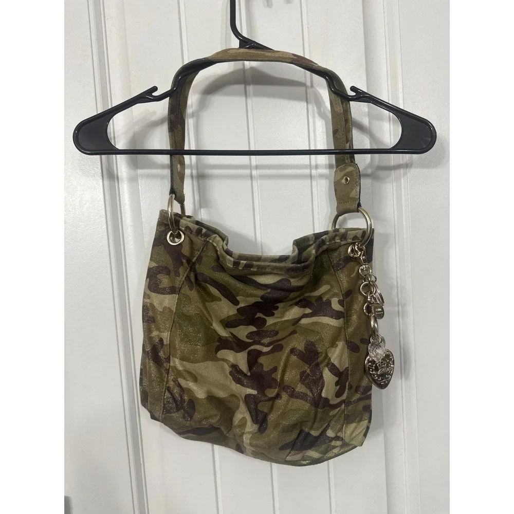 Kathy Van Zeeland Metallic Camouflage Hobo Bag Gold Green Camo Y2K Heart Charm